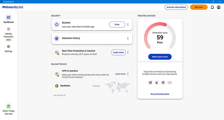 Malwarebytes Free relating a protection score of only 59%