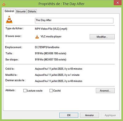 HandBrake on Windows 8.1: Properties of a 720p to 480p converted MP4 video file [1]