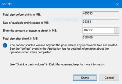 Windows Disk Management: Shrinking the C: volume [II]