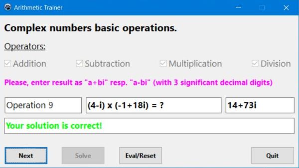 Mathematics exercise generator: Basic complex numbers arithmetic