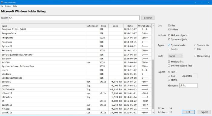Windows folder listing application: Files and subfolders list