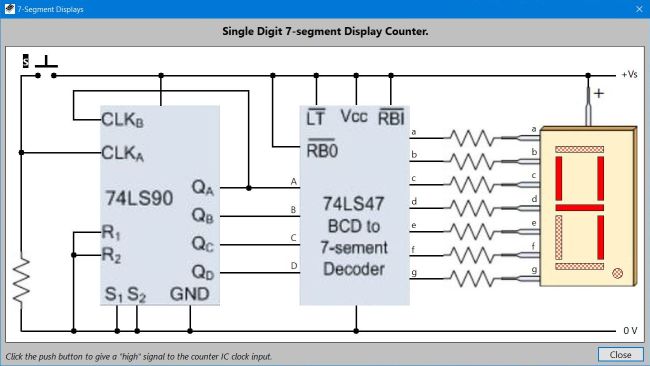 7-segment display simulation: CA BCD converter controlled a counter IC