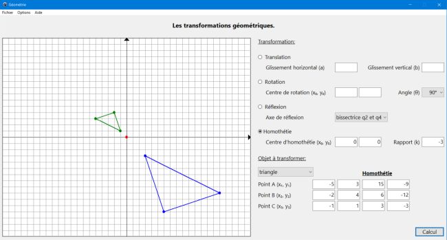 Geometrical transformations: Homothety of a triangle with image enlargement and modified orientation