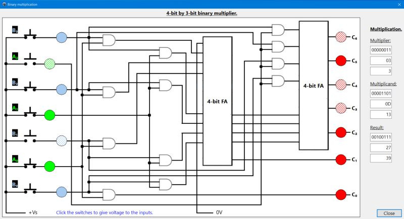Electronics circuits: 4x3-bit binary multiplier simulation