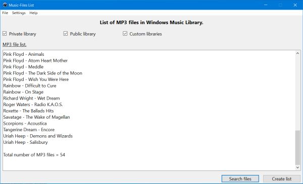 Listing of MP3 files in MS Windows 'Music' library - Application window
