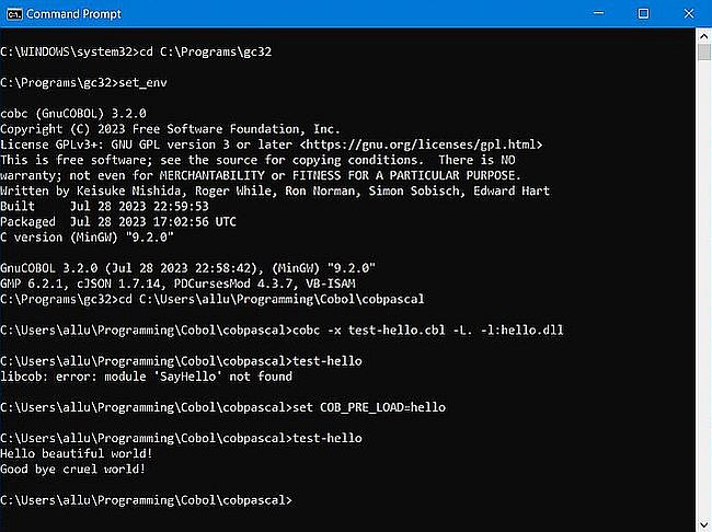 GNU Cobol calls Free Pascal: Build of a GNU Cobol source + Free Pascal DLL in Windows Command Prompt