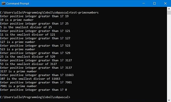 GNU Cobol calls Free Pascal: Execution of a prime number program sample