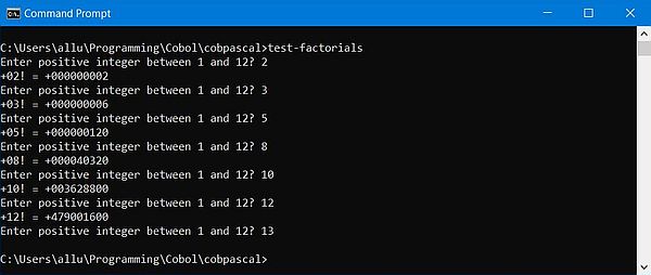 GNU Cobol calls Free Pascal: Execution of a factorials program sample