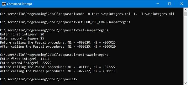 GNU Cobol calls Free Pascal: Build and execution of a swap integers program sample