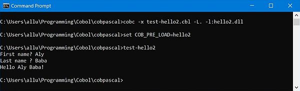 GNU Cobol calls Free Pascal: Build and execution of a 'Hello user' program sample