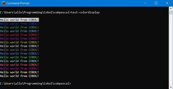 GNU Cobol calls Free Pascal: Execution of a program sample with colored output