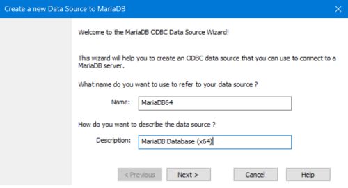 MS Windows ODBC data source administrator: Creating a DSN for MariaDB - Naming the data source