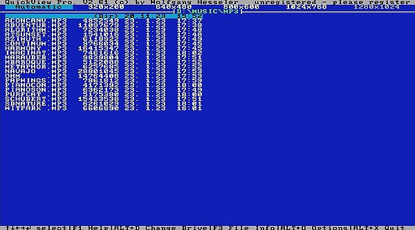 QuickView Pro on FreeDOS: The program UI with the content of the current directory displayed