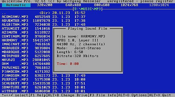 QuickView Pro on FreeDOS: The program UI with the info concerning the selected MP3 file