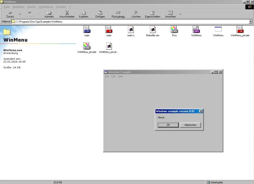 Dev-C++ on Windows 98: Successful execution of the 'Windows Menu Sample' program