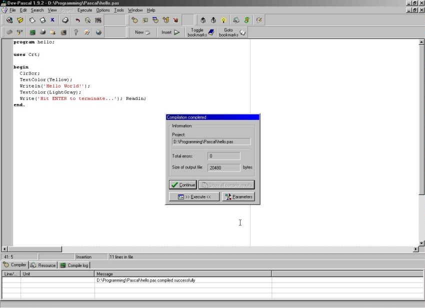 Dev-Pascal on Windows 98: Building a simple 'Hello World' program with Crt unit