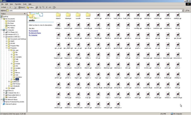 Dev+GNU Pascal on Windows 2000: The GPC units subdirectory after having build all units
