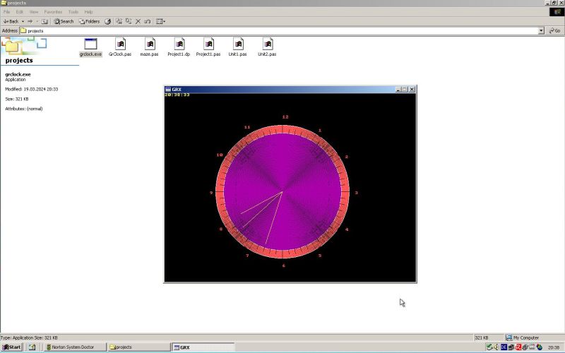 Dev+GNU Pascal on Windows 2000: Running the GrClock program (built with GPC) from the file system