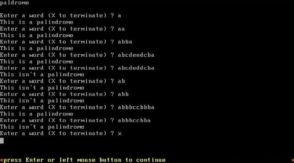 Modula-2 on FreeDOS: Execution of a simple 'check for palindrome' program