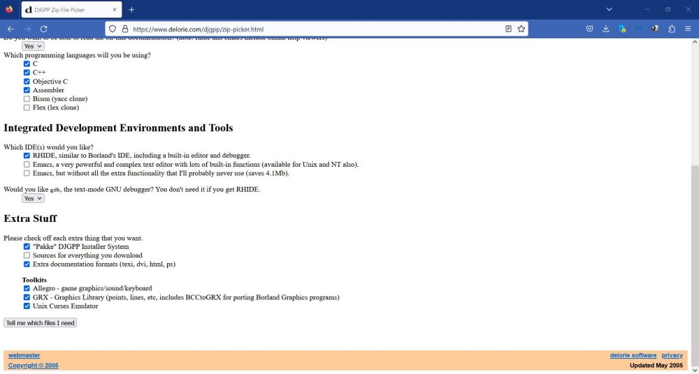DJGPP on FreeDOS: Components selection using the Delorie Zip File Picker web application [2]