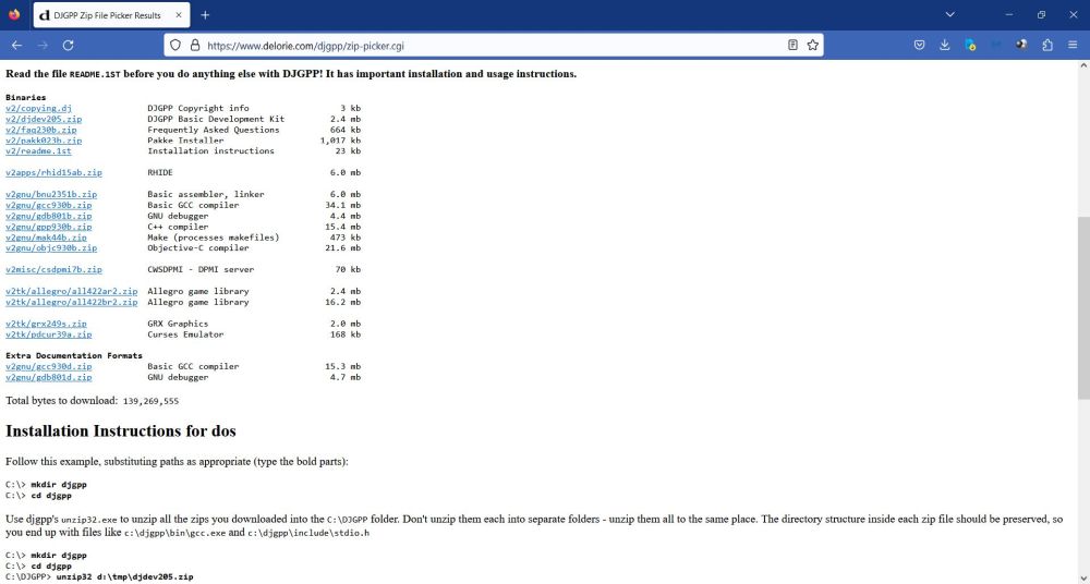 DJGPP on FreeDOS: Component download suggestions (Delorie Zip File Picker)