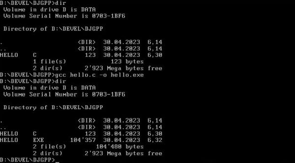 DJGPP on FreeDOS: Building the sample C program 'Hello World!'