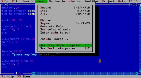 FreeBASIC on FreeDOS: SETEdit programmers editor - Choosing my custom macro to run the FBC