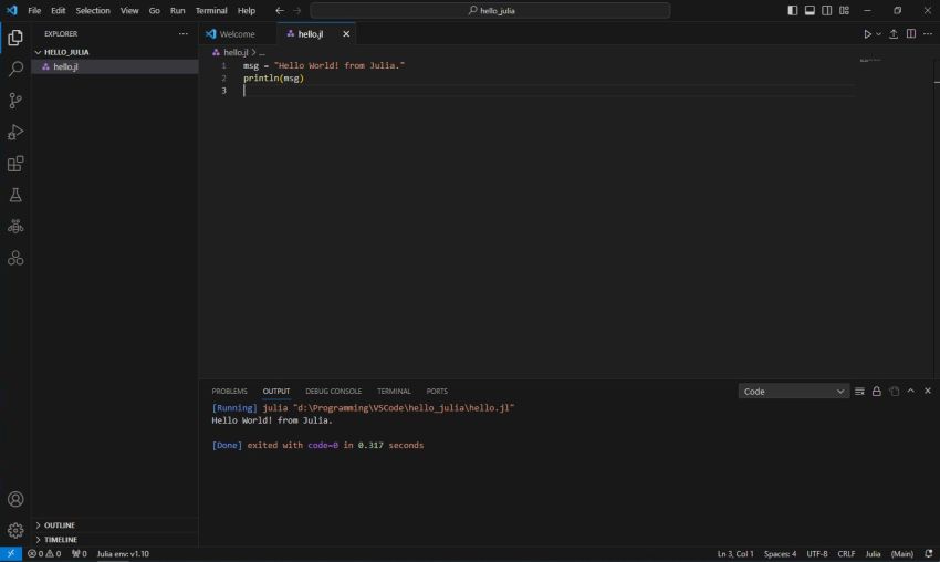 Running a simple Julia 'Hello World' program in VSCode [2]