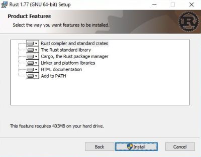 Installing Rust on Windows 10 - Windows standalone installer: Be sure that all components are installed to disk