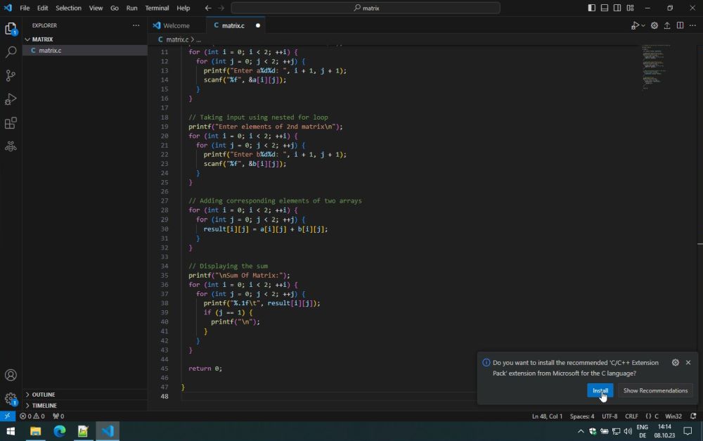 VSCode - Building a C project - Confirming to install the C/C++ Extension Pack