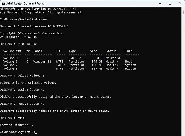 Running the command line tool 'diskpart'