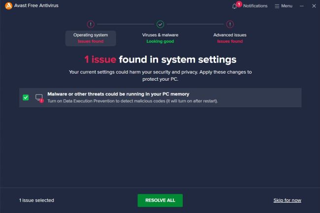 Avast Antivirus warning that Data Execution Prevention is turned off