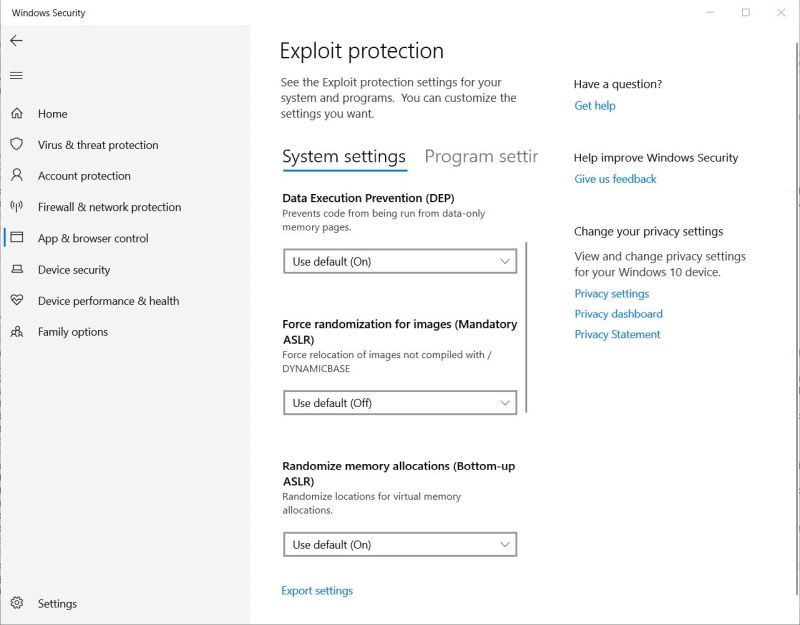 Enabling/Disabling Data Execution Prevention in 'Exploit protection settings'