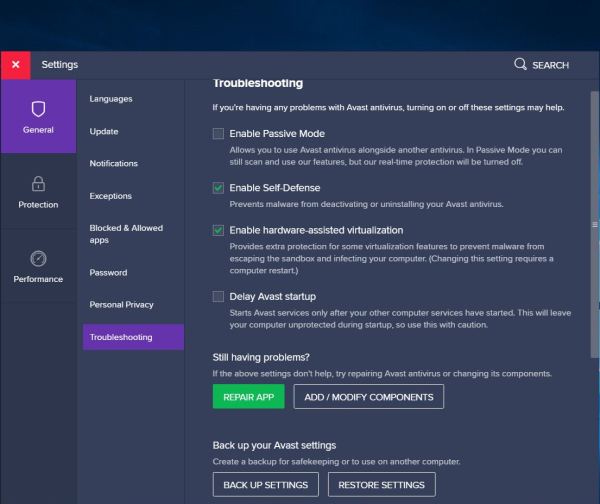 Avast Free Antivirus troubleshooting options