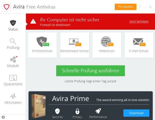 Avira displaying the warning that the firewall would be disabled