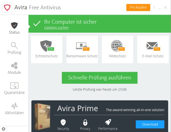 Avira displaying the message that the computer is secure