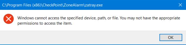 Windows error message when trying to start the ZoneAlarm GUI (zatray.exe)