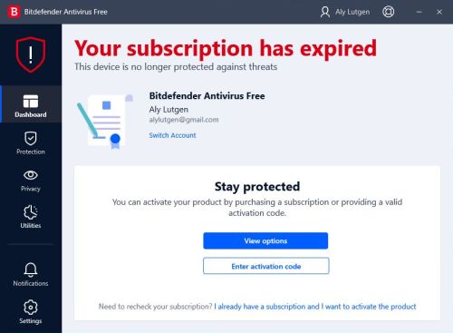 Bitdefender Antivirus Free: 'Your subscription has expired!' warning in dashboard
