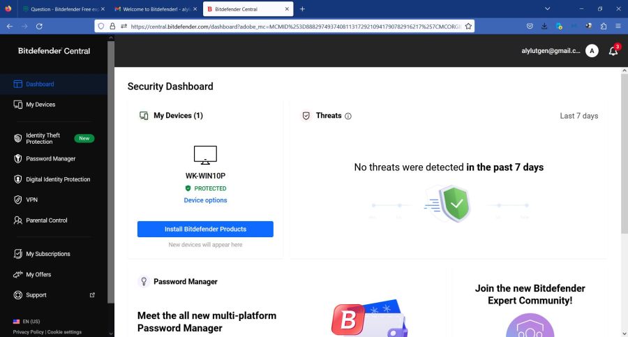 Bitdefender Antivirus Free: Subscription status at Bitdefender Central