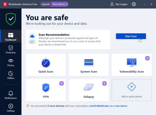Bitdefender Antivirus Free: 'You are safe!' message in dashboard
