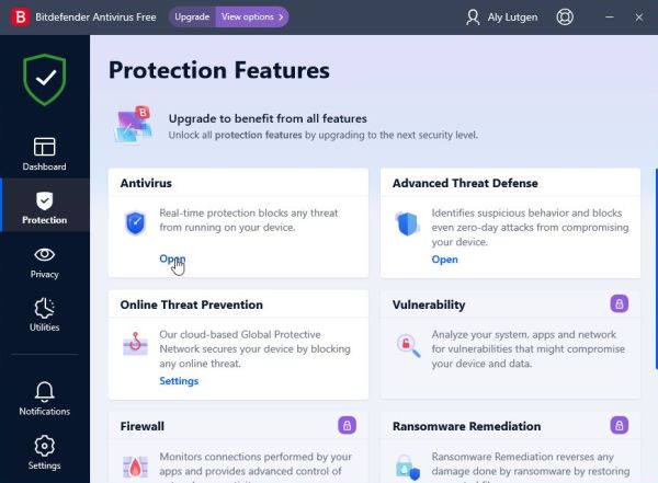 Bitdefender Antivirus Free: Open 'Antivirus' protection features