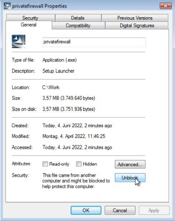 Unblocking a Windows file in its Properties window