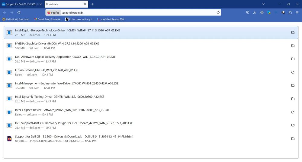 The downloaded Dell G3 drivers in the Firefox Downloads folder
