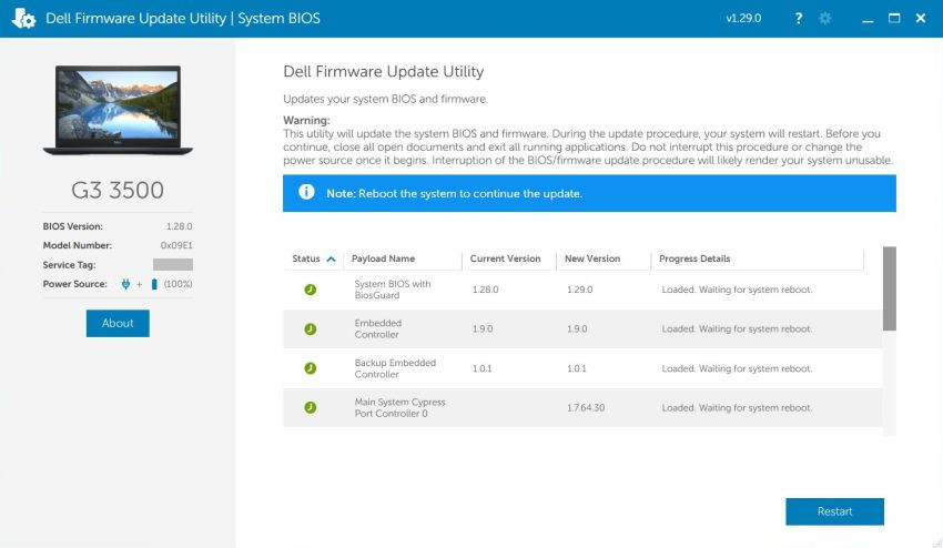 Dell G3 laptop manual update: Preparing to update the firmware