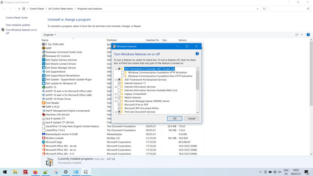 Adding the .NET 3.5 framework feature to Windows 10