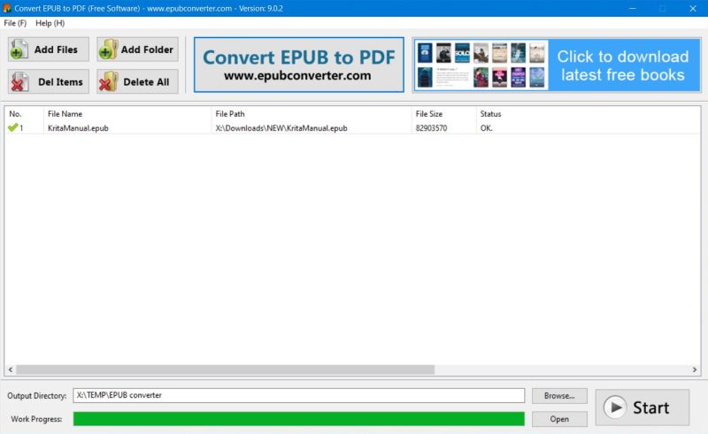 EPUB conversion using the free application 'Convert EPUB To PDF'