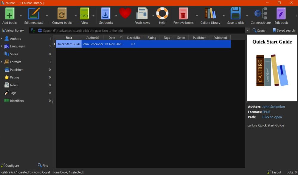 Calibre - E-book manager main window: The Calibre library