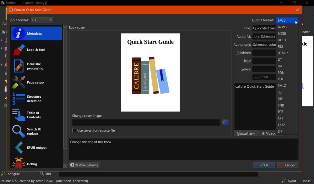 Calibre - E-book manager format conversion window