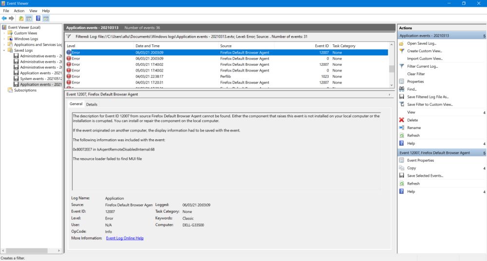 Firefox Default Browser Agent error messages in Windows Event Viewer