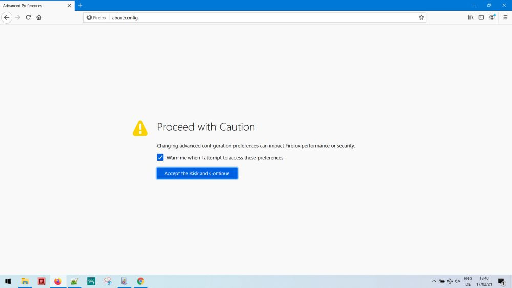 User confirmation to accept the risk, before being able to access the Firefox Advanced Preferences